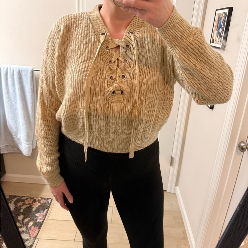 Divided Lace-Up Cropped Sweater
